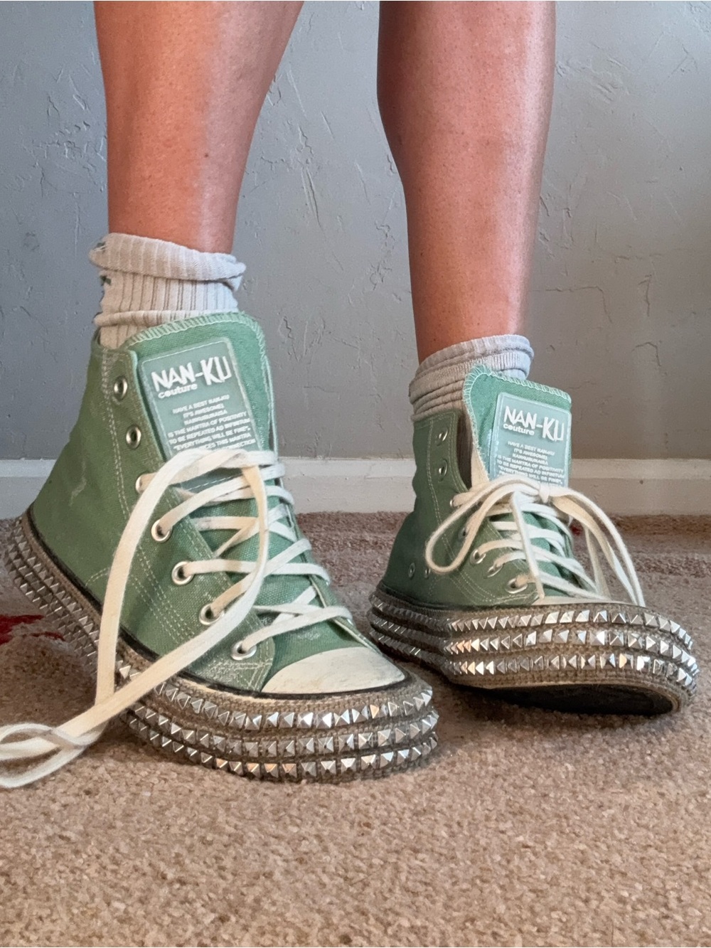 NAN-KU Green Canvas High-Top Studded Platform Sneakers